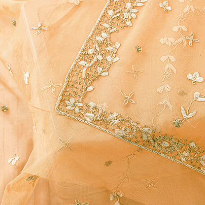 Sanskriti Vintage Peach Net Dupatta Long Stole Hand Embroidered Zardozi Scarves Crafting, Upcycling, Recycling, Home Decor, Sewing,
