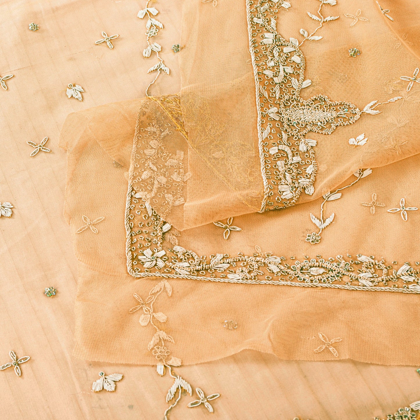 Sanskriti Vintage Peach Net Dupatta Long Stole Hand Embroidered Zardozi Scarves Crafting, Upcycling, Recycling, Home Decor, Sewing,