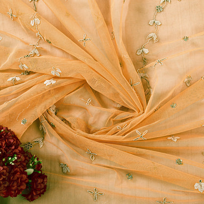 Sanskriti Vintage Peach Net Dupatta Long Stole Hand Embroidered Zardozi Scarves Crafting, Upcycling, Recycling, Home Decor, Sewing,