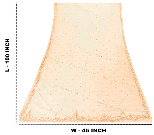 Sanskriti Vintage Peach Net Dupatta Long Stole Hand Embroidered Zardozi Scarves