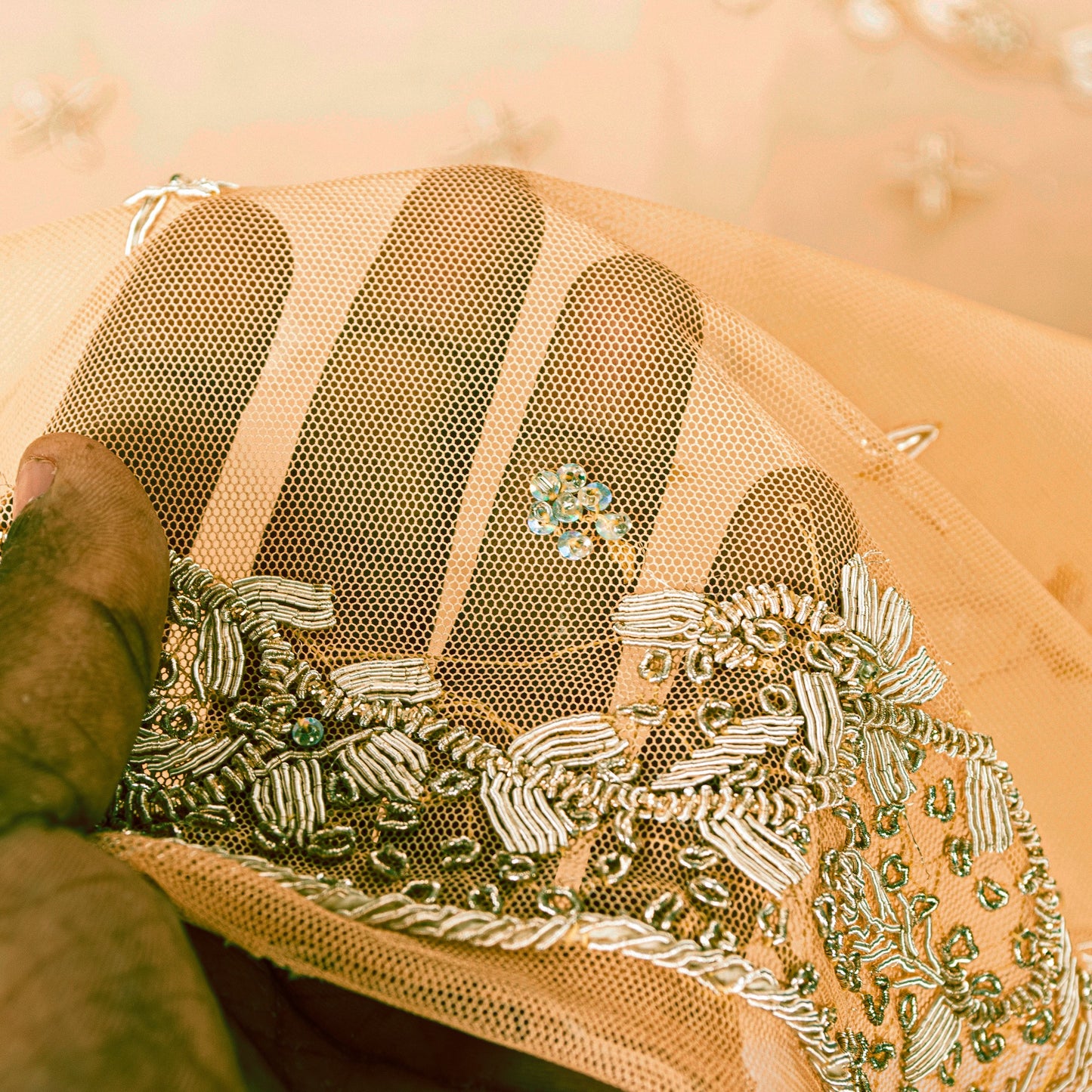 Sanskriti Vintage Peach Net Dupatta Long Stole Hand Embroidered Zardozi Scarves Crafting, Upcycling, Recycling, Home Decor, Sewing,