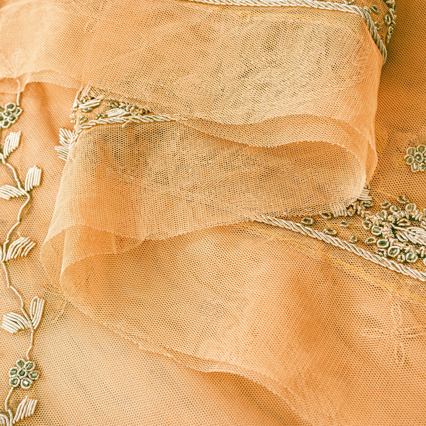 Sanskriti Vintage Peach Net Dupatta Long Stole Hand Embroidered Zardozi Scarves Crafting, Upcycling, Recycling, Home Decor, Sewing,