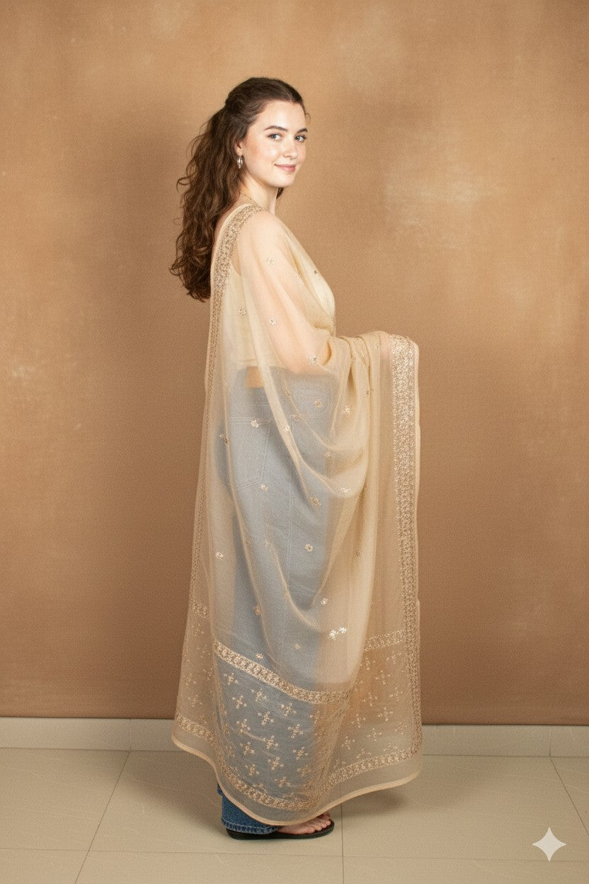 Sanskriti Vintage Peach Net Dupatta Long Stole Hand Embroidered Zardozi Scarves Crafting, Upcycling, Recycling, Home Decor, Sewing,
