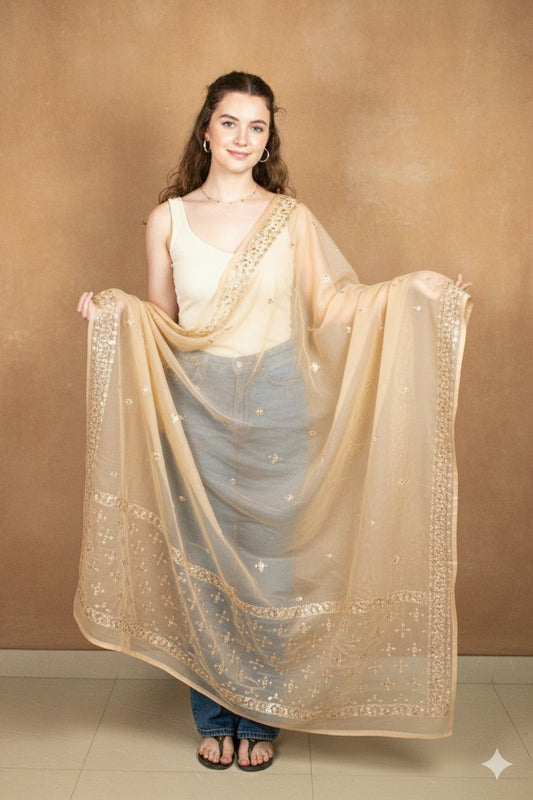 Sanskriti Vintage Peach Net Dupatta Long Stole Hand Embroidered Zardozi Scarves