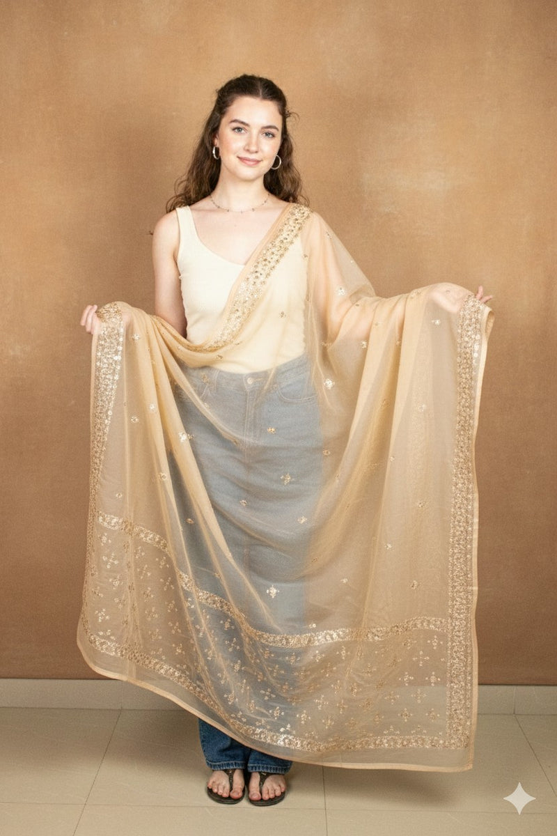 Sanskriti Vintage Peach Net Dupatta Long Stole Hand Embroidered Zardozi Scarves Crafting, Upcycling, Recycling, Home Decor, Sewing,