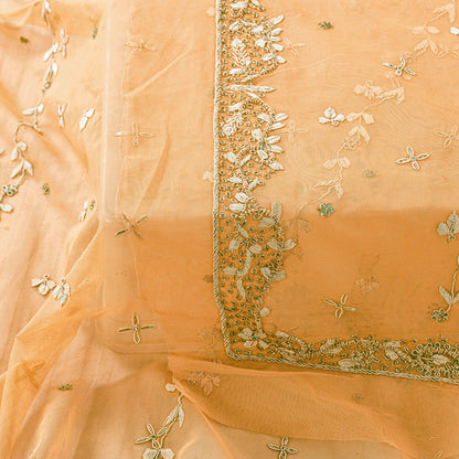 Sanskriti Vintage Peach Net Dupatta Long Stole Hand Embroidered Zardozi Scarves Crafting, Upcycling, Recycling, Home Decor, Sewing,