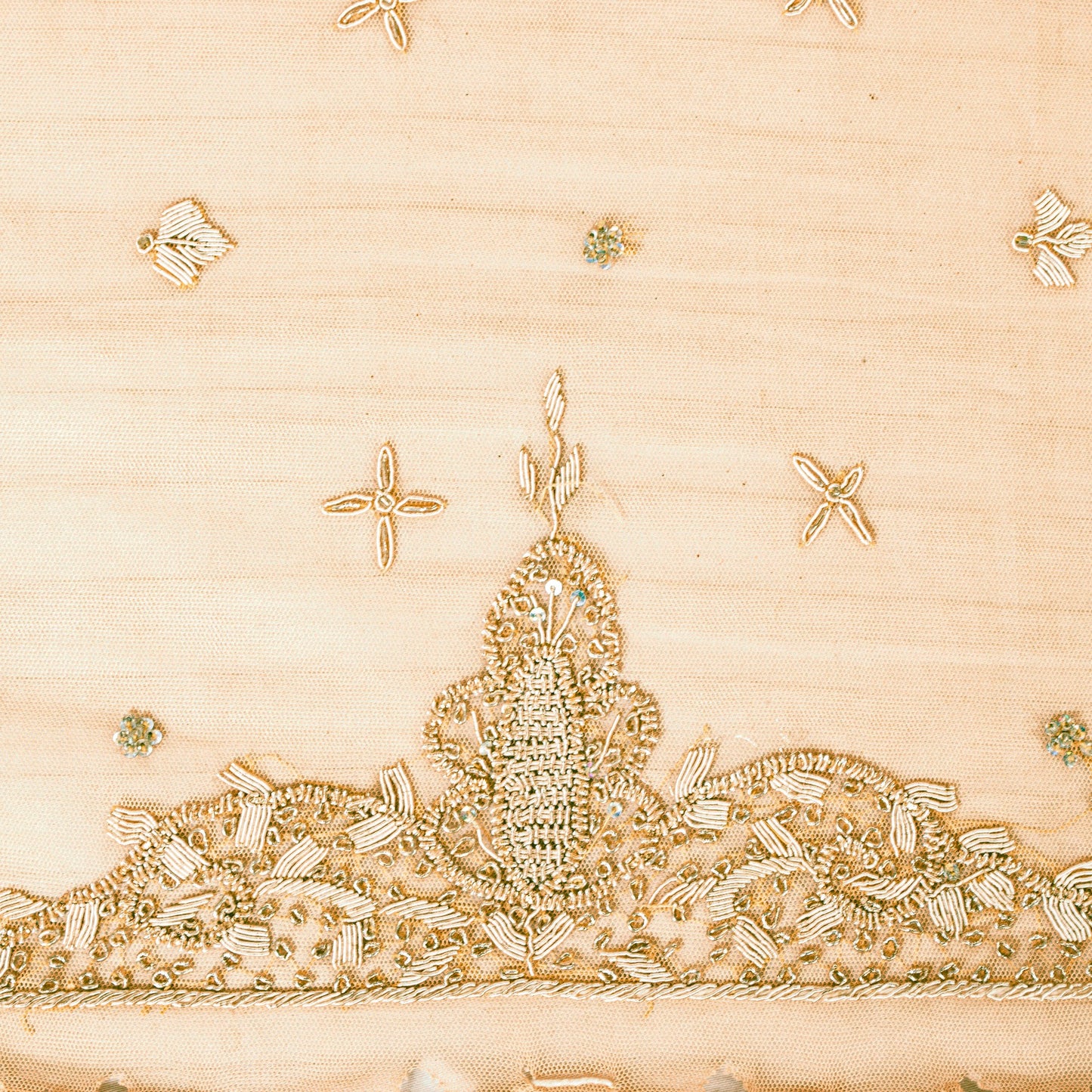 Sanskriti Vintage Peach Net Dupatta Long Stole Hand Embroidered Zardozi Scarves Crafting, Upcycling, Recycling, Home Decor, Sewing,