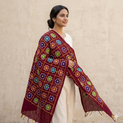 Sanskriti Vintage Maroon Pure Cotton Dupatta/Stole Kutch Hand Embroidery Mirror