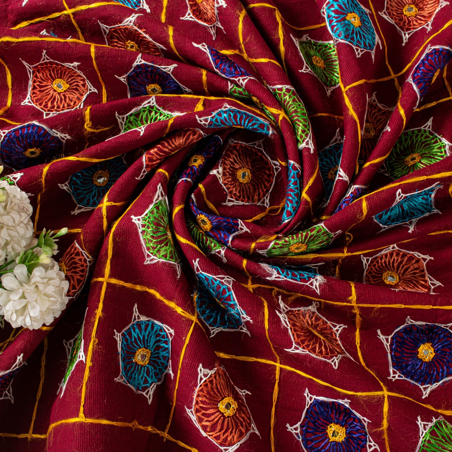 Sanskriti Vintage Maroon Pure Cotton Dupatta/Stole Kutch Hand Embroidery Mirror
