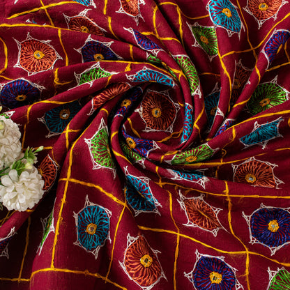 Sanskriti Vintage Maroon Pure Cotton Dupatta/Stole Kutch Hand Embroidery Mirror