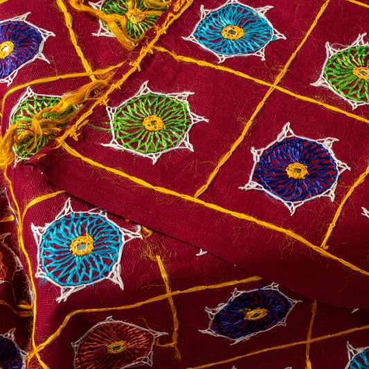 Sanskriti Vintage Maroon Pure Cotton Dupatta/Stole Kutch Hand Embroidery Mirror