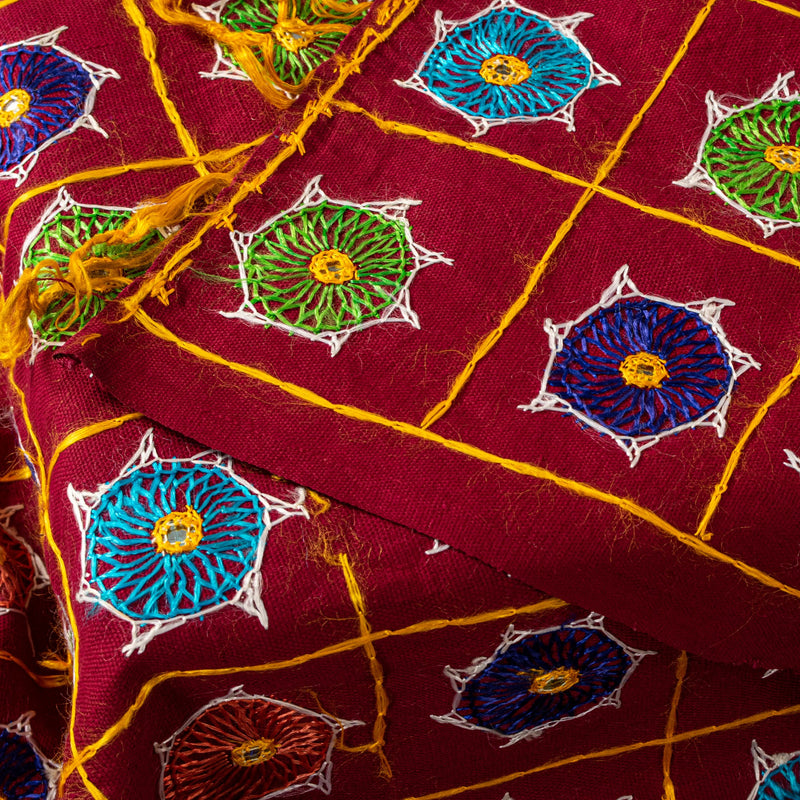 Sanskriti Vintage Maroon Pure Cotton Dupatta/Stole Kutch Hand Embroidery Mirror