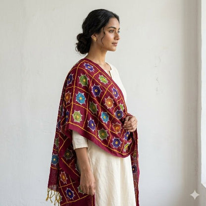 Sanskriti Vintage Maroon Pure Cotton Dupatta/Stole Kutch Hand Embroidery Mirror