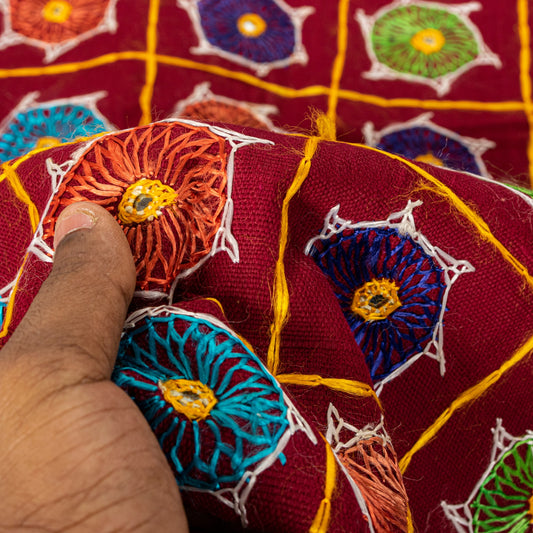 Sanskriti Vintage Maroon Pure Cotton Dupatta/Stole Kutch Hand Embroidery Mirror
