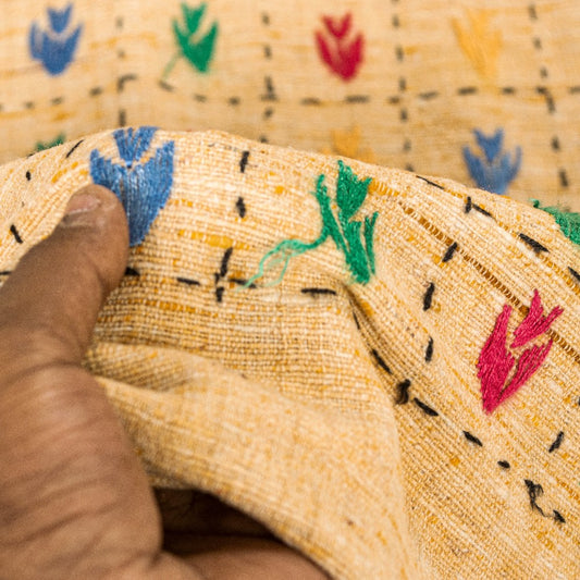 Sanskriti Vintage Beige Pure Khadi Cotton Dupatta/Stole Kantha Hand Embroidered