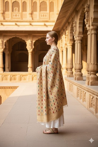 Sanskriti Vintage Beige Pure Khadi Cotton Dupatta/Stole Kantha Hand Embroidered