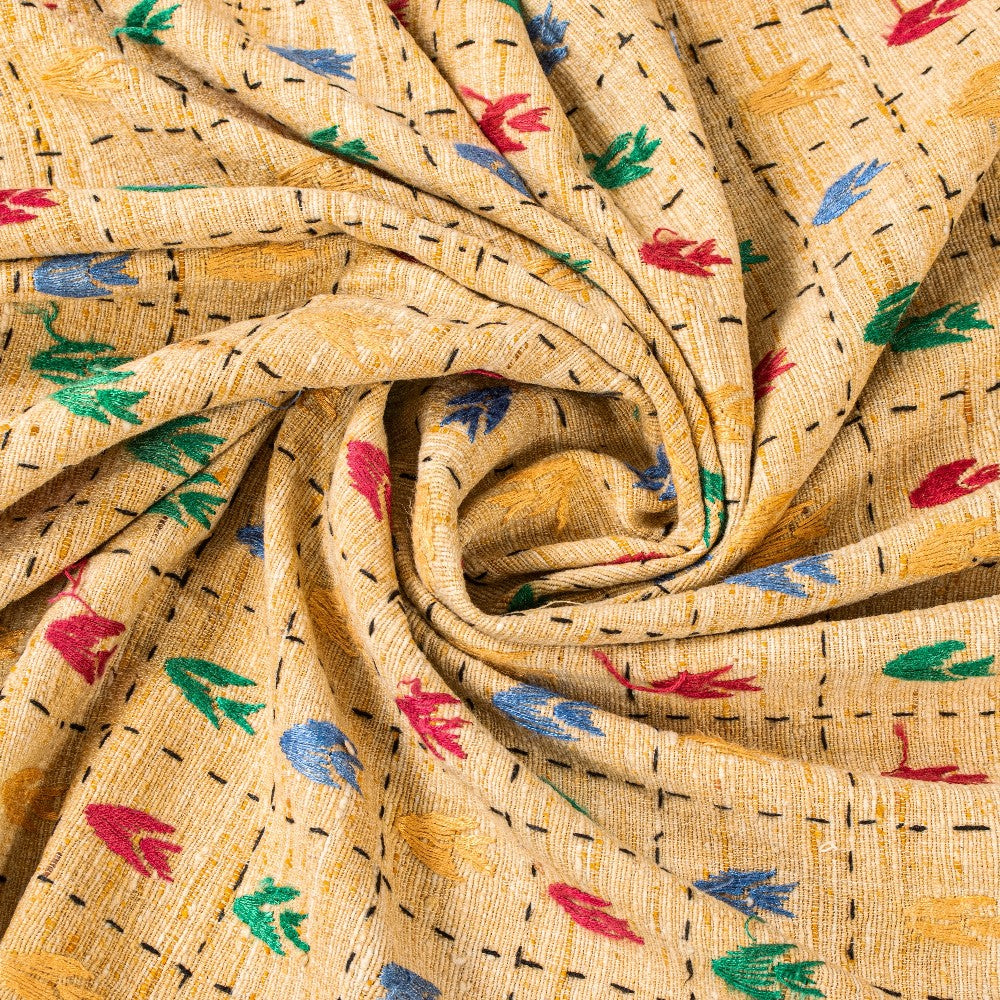 Sanskriti Vintage Beige Pure Khadi Cotton Dupatta/Stole Kantha Hand Embroidered