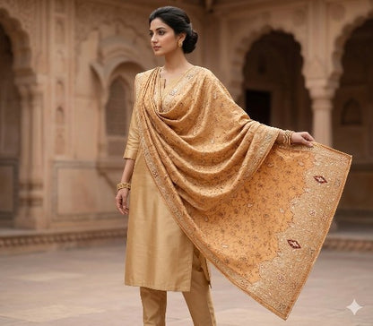 Sanskriti Vintage Golden Dupatta/Stole Art Silk Hand Embroidered Zardozi Zari