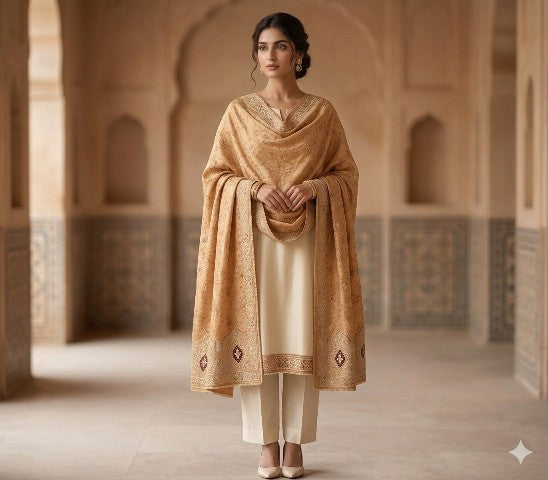 Sanskriti Vintage Golden Dupatta/Stole Art Silk Hand Embroidered Zardozi Zari