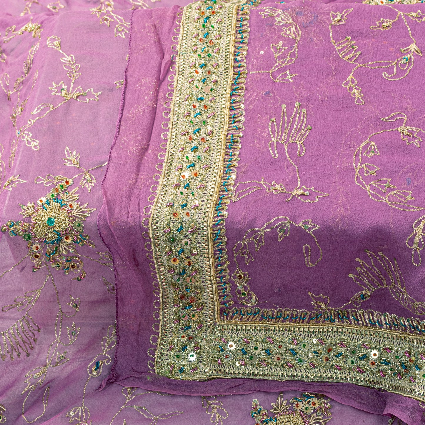 Sanskriti Vintage Purple Pure Georgette Dupatta/Stole Hand Embroidery Zardozi