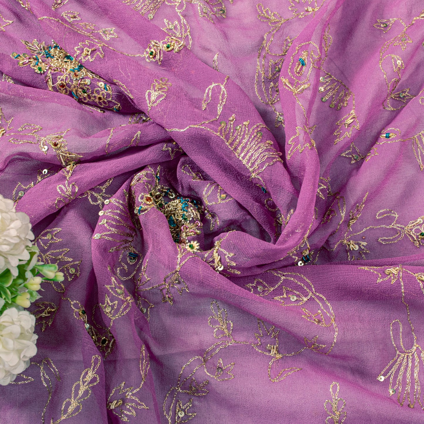 Sanskriti Vintage Purple Pure Georgette Dupatta/Stole Hand Embroidery Zardozi