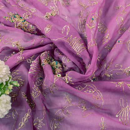 Sanskriti Vintage Purple Pure Georgette Dupatta/Stole Hand Embroidery Zardozi