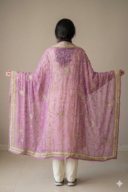 Sanskriti Vintage Purple Pure Georgette Dupatta/Stole Hand Embroidery Zardozi