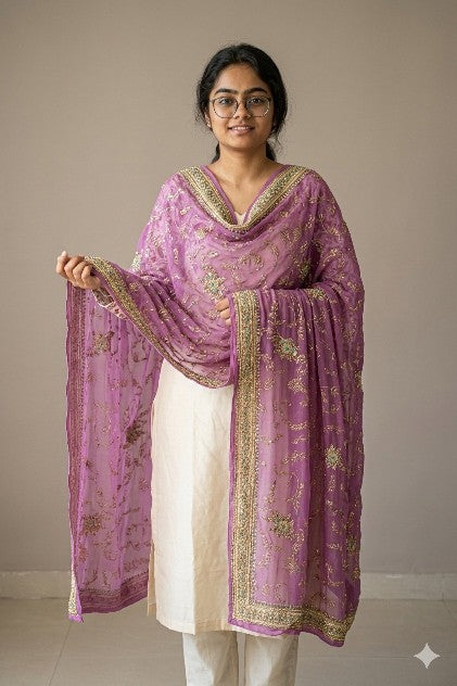 Sanskriti Vintage Purple Pure Georgette Dupatta/Stole Hand Embroidery Zardozi