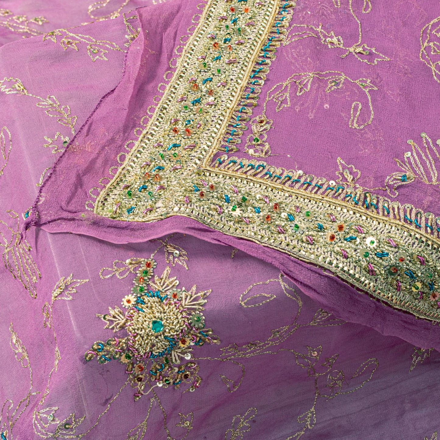 Sanskriti Vintage Purple Pure Georgette Dupatta/Stole Hand Embroidery Zardozi