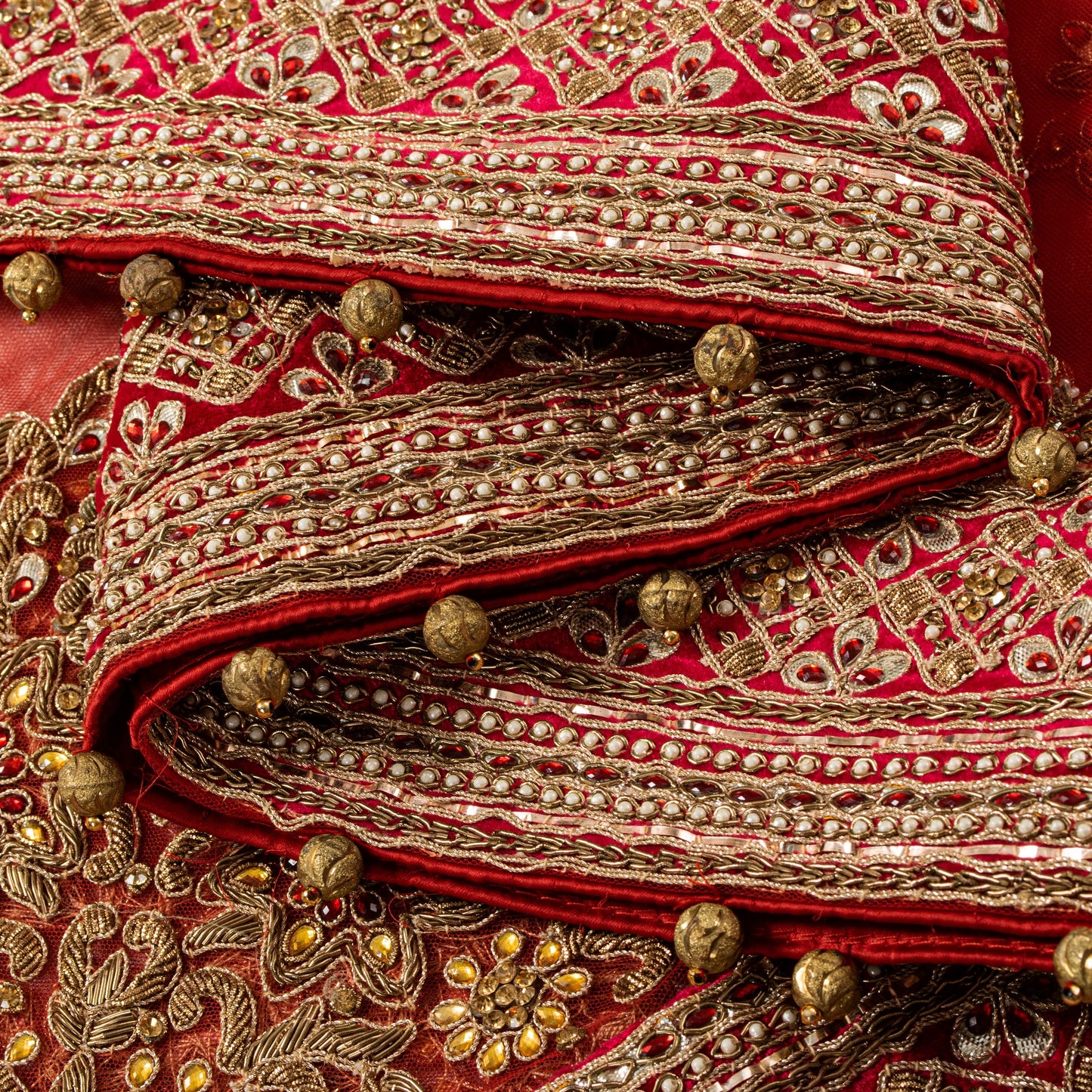 Sanskriti Vintage Red Net Dupatta/Stole Hand Embroidered Zardozi Dabka Long Veil