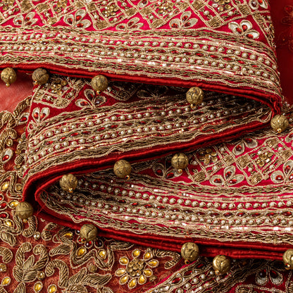 Sanskriti Vintage Red Net Dupatta/Stole Hand Embroidered Zardozi Dabka Long Veil