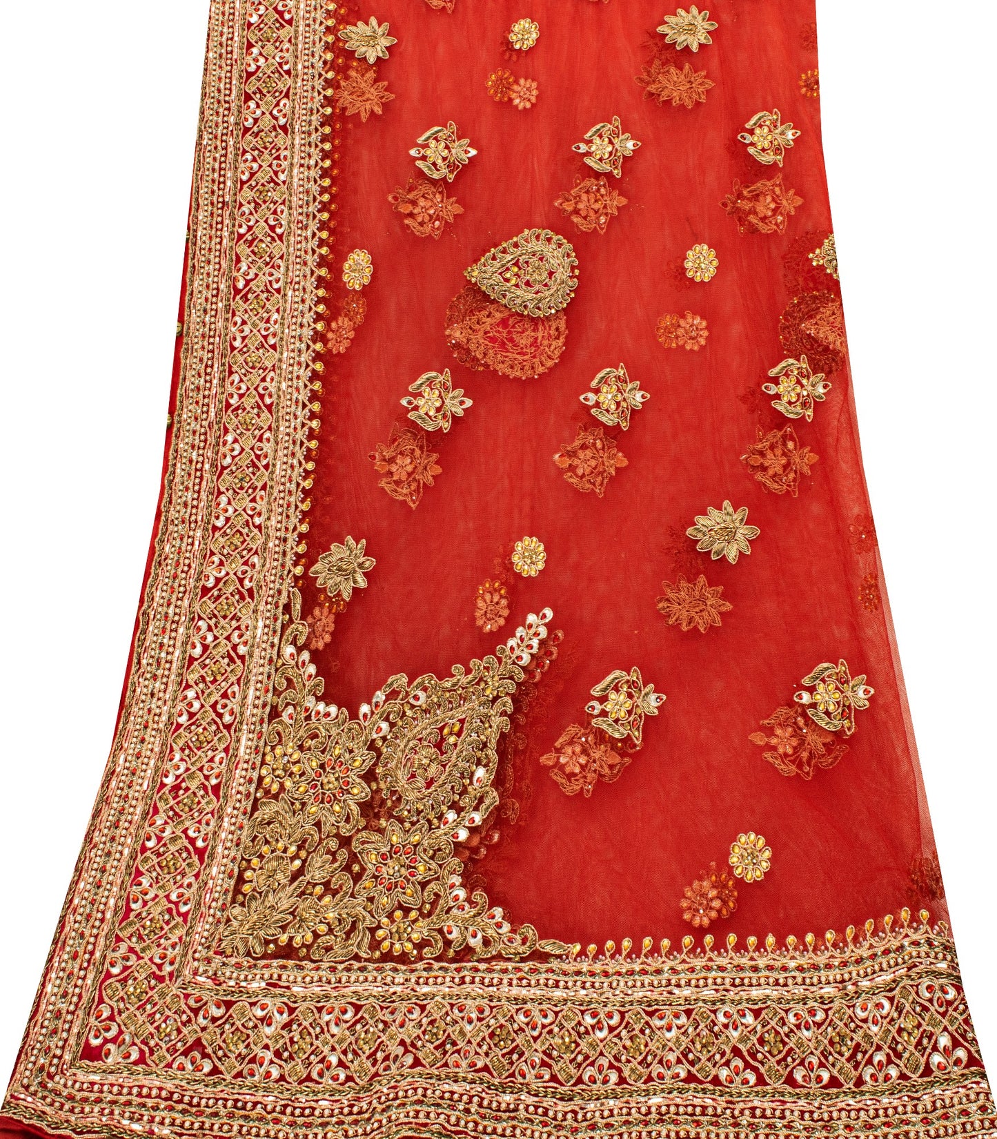Sanskriti Vintage Red Net Dupatta/Stole Hand Embroidered Zardozi Dabka Long Veil