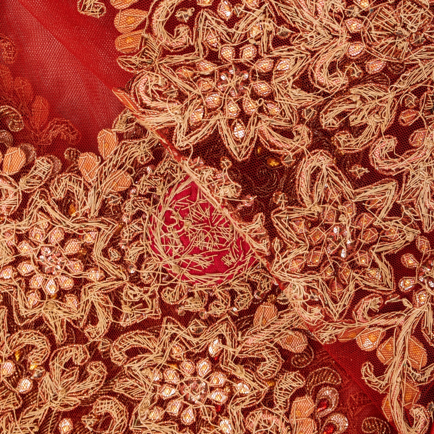 Sanskriti Vintage Red Net Dupatta/Stole Hand Embroidered Zardozi Dabka Long Veil