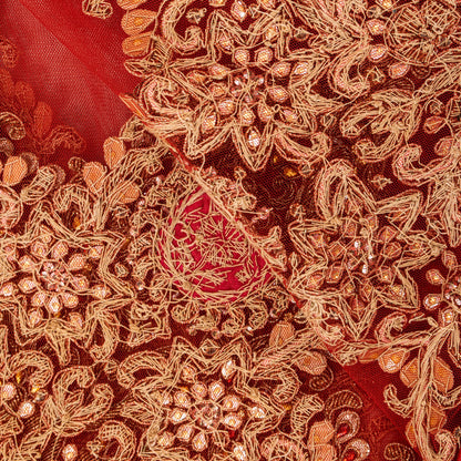 Sanskriti Vintage Red Net Dupatta/Stole Hand Embroidered Zardozi Dabka Long Veil