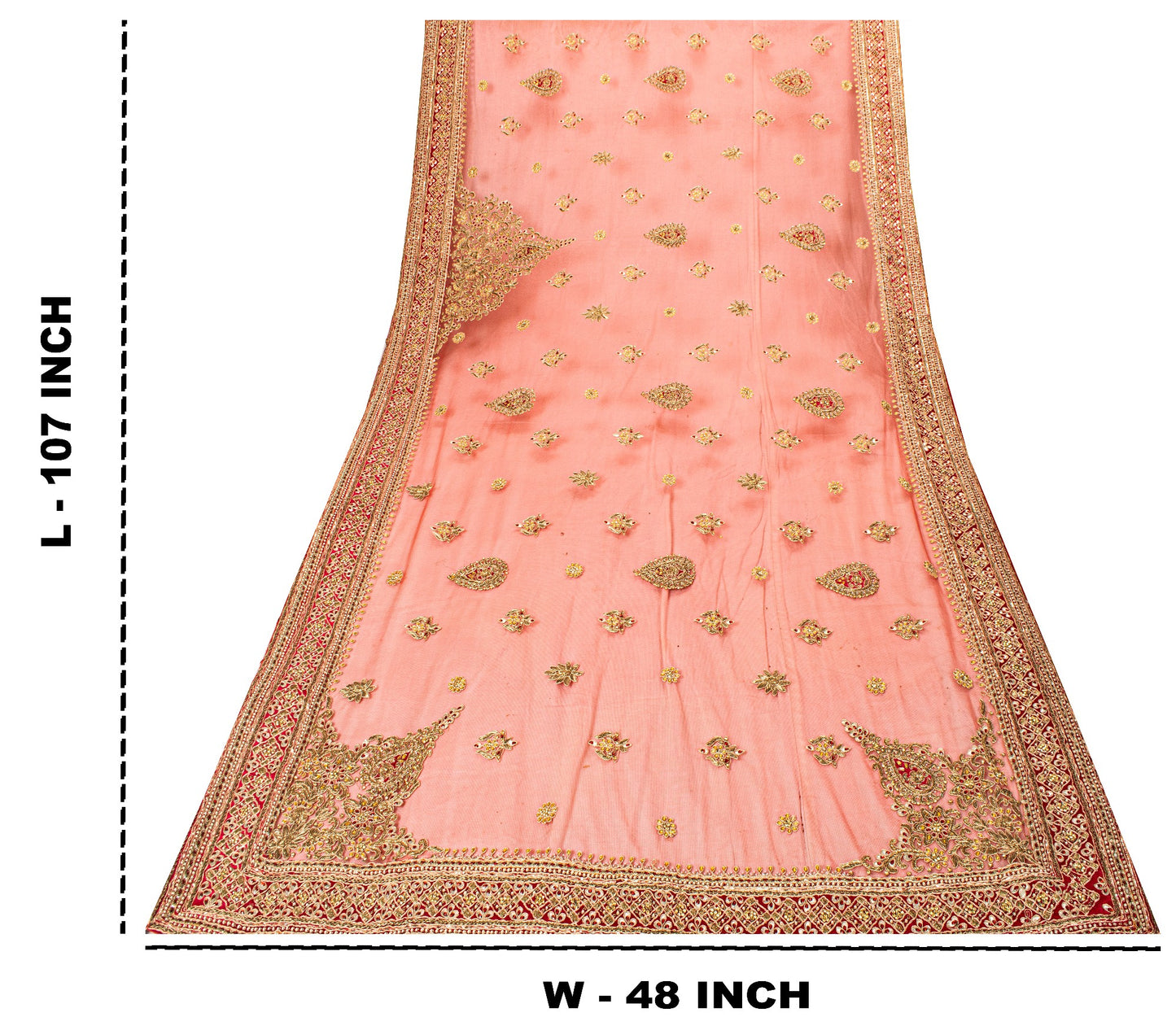 Sanskriti Vintage Red Net Dupatta/Stole Hand Embroidered Zardozi Dabka Long Veil