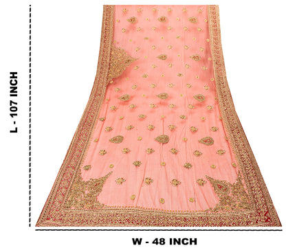 Sanskriti Vintage Red Net Dupatta/Stole Hand Embroidered Zardozi Dabka Long Veil