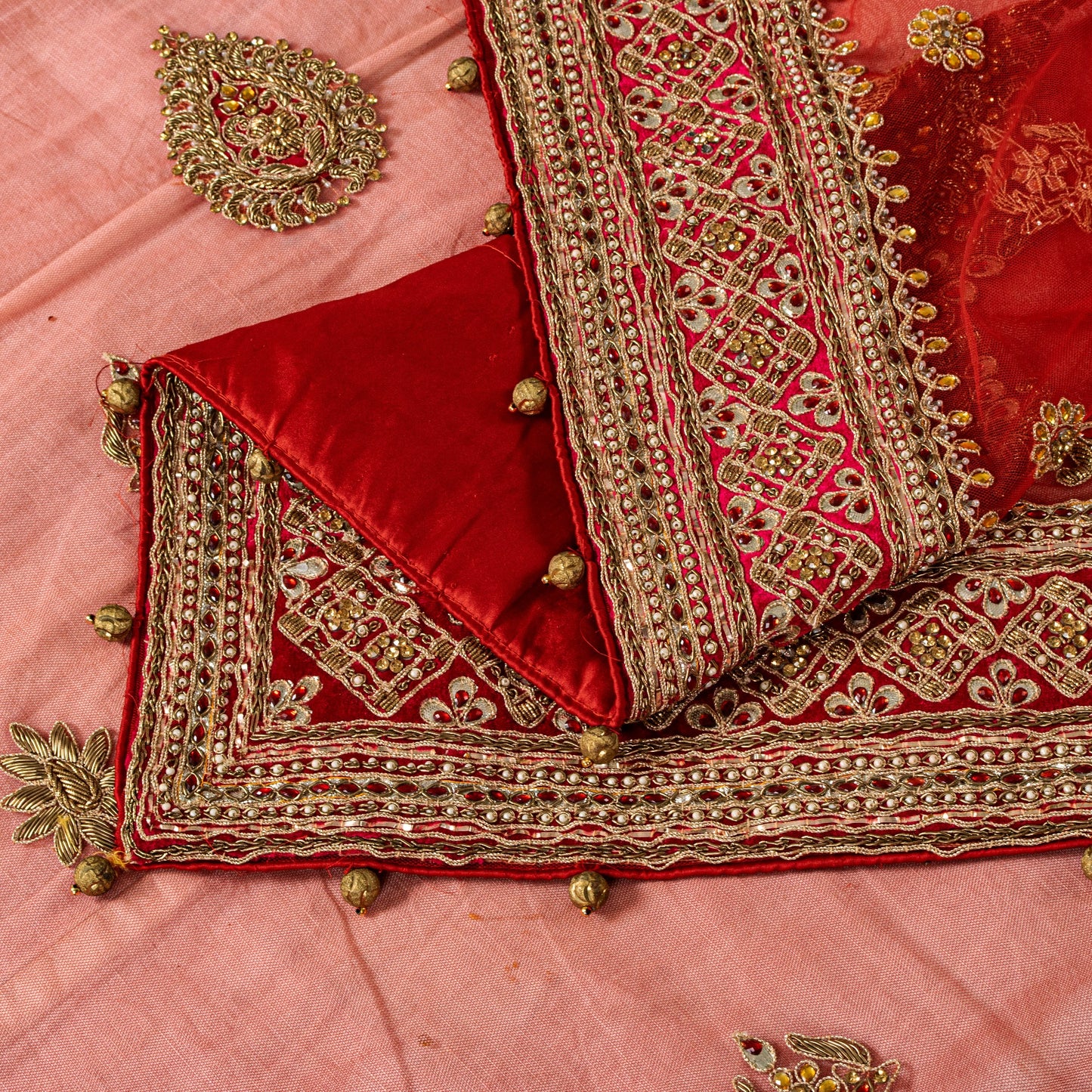 Sanskriti Vintage Red Net Dupatta/Stole Hand Embroidered Zardozi Dabka Long Veil