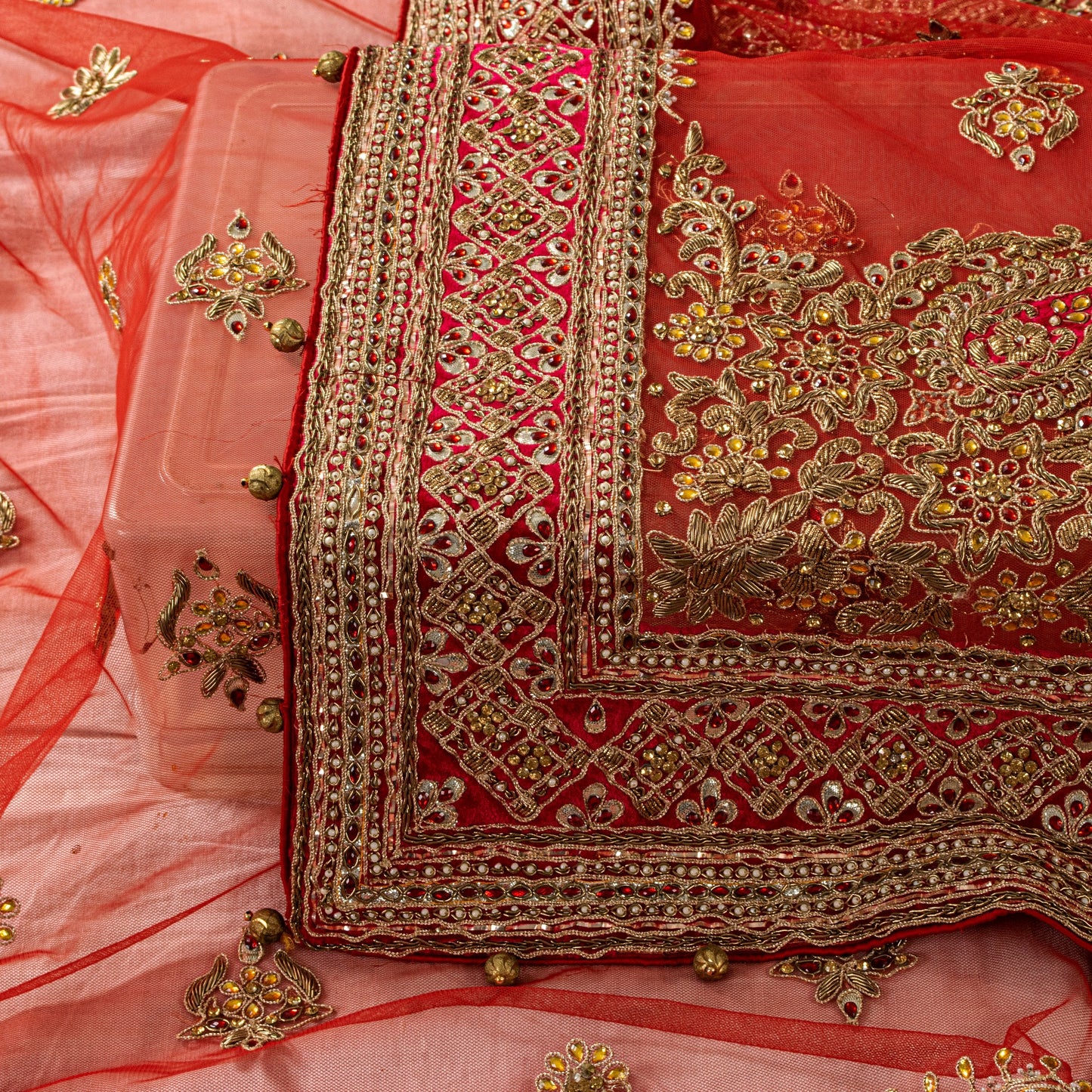Sanskriti Vintage Red Net Dupatta/Stole Hand Embroidered Zardozi Dabka Long Veil