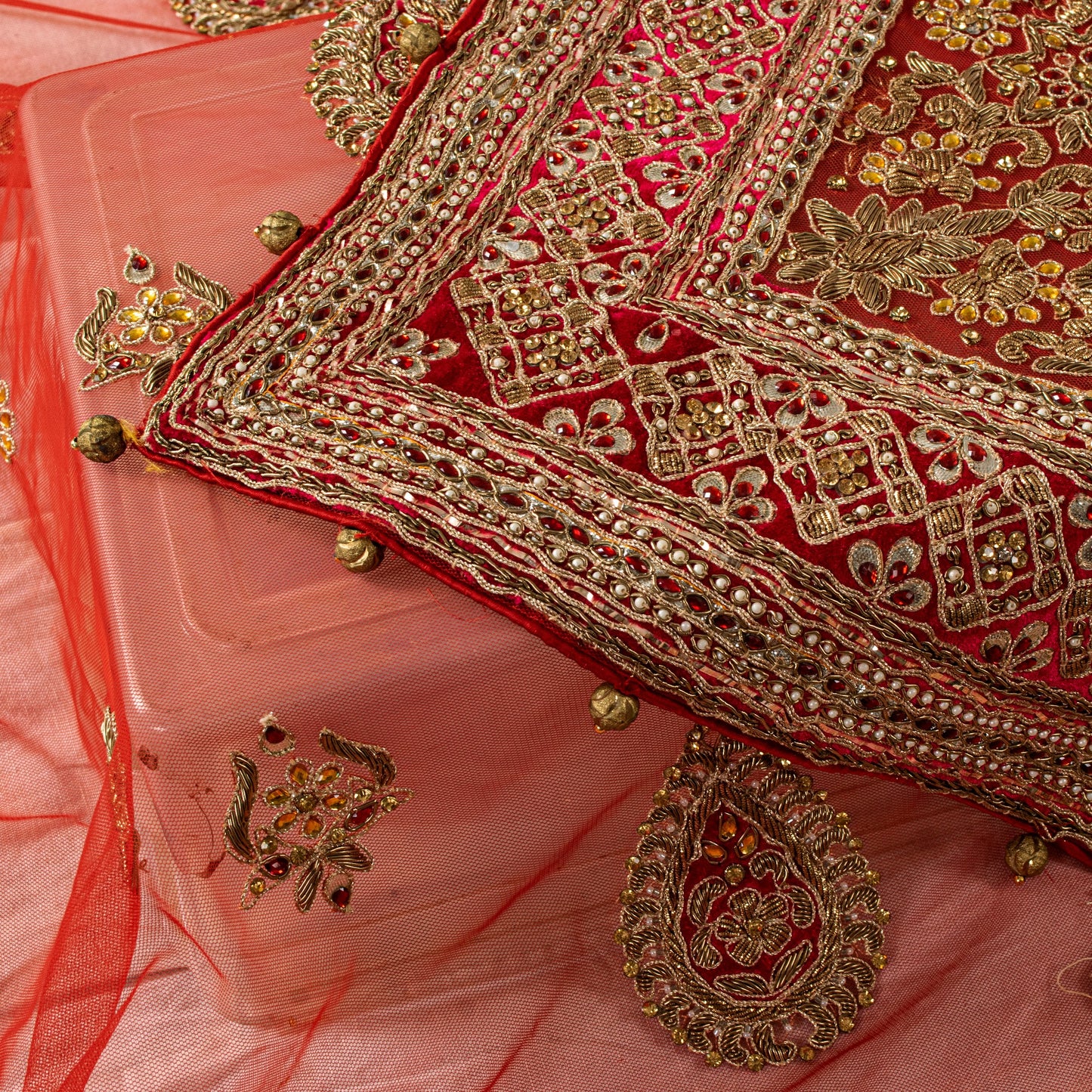 Sanskriti Vintage Red Net Dupatta/Stole Hand Embroidered Zardozi Dabka Long Veil
