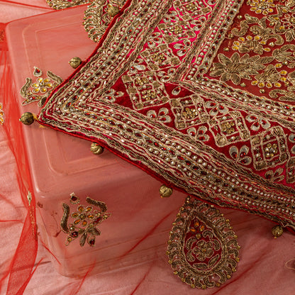 Sanskriti Vintage Red Net Dupatta/Stole Hand Embroidered Zardozi Dabka Long Veil