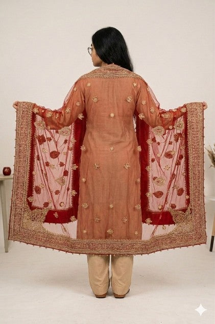 Sanskriti Vintage Red Net Dupatta/Stole Hand Embroidered Zardozi Dabka Long Veil