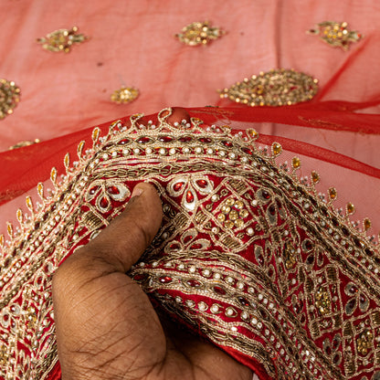 Sanskriti Vintage Red Net Dupatta/Stole Hand Embroidered Zardozi Dabka Long Veil
