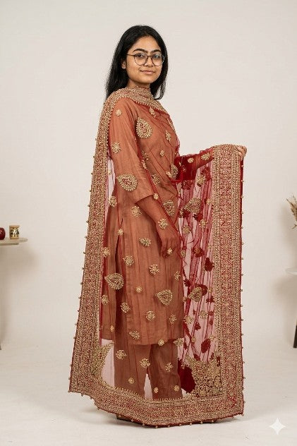 Sanskriti Vintage Red Net Dupatta/Stole Hand Embroidered Zardozi Dabka Long Veil