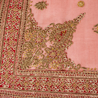 Sanskriti Vintage Red Net Dupatta/Stole Hand Embroidered Zardozi Dabka Long Veil