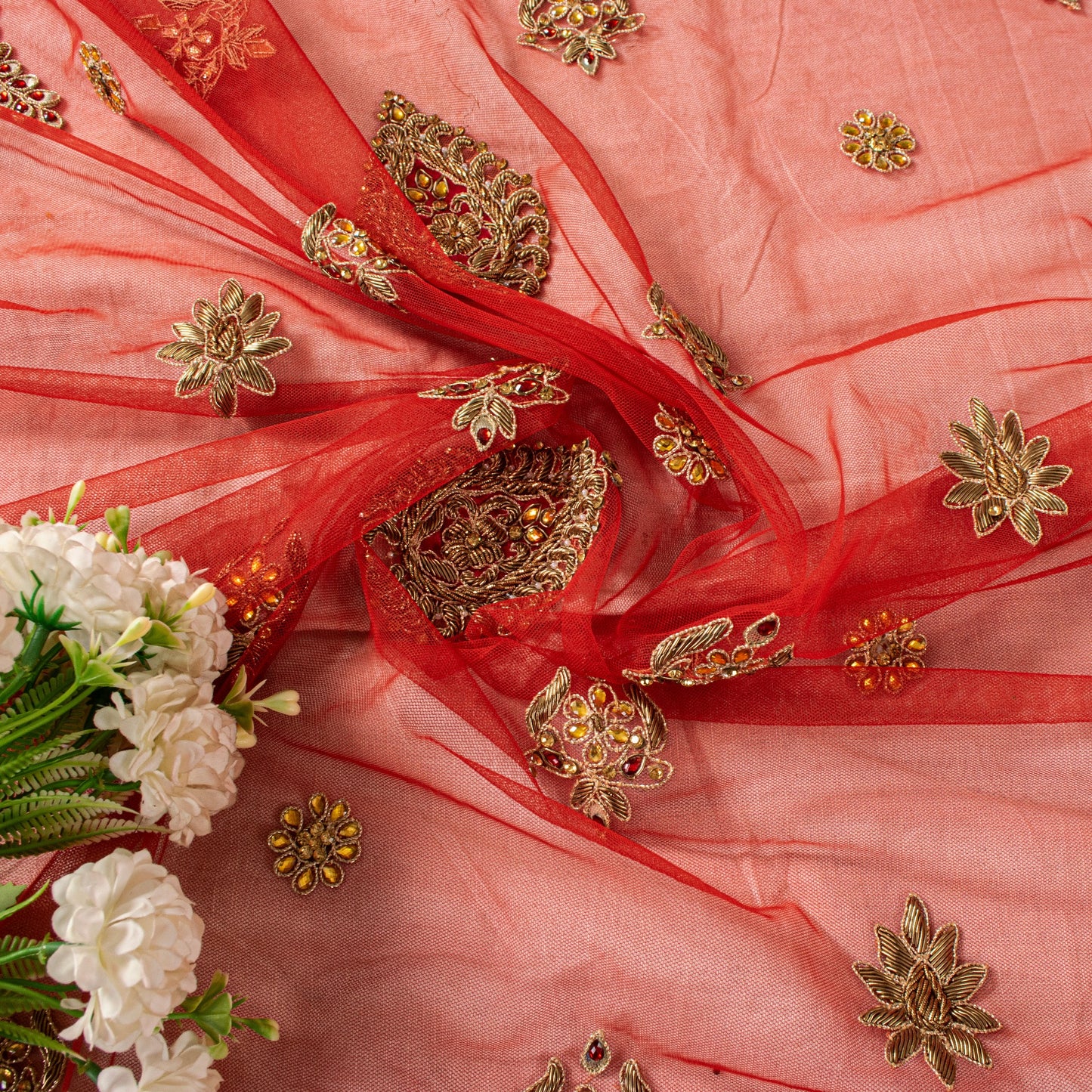 Sanskriti Vintage Red Net Dupatta/Stole Hand Embroidered Zardozi Dabka Long Veil