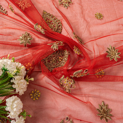 Sanskriti Vintage Red Net Dupatta/Stole Hand Embroidered Zardozi Dabka Long Veil