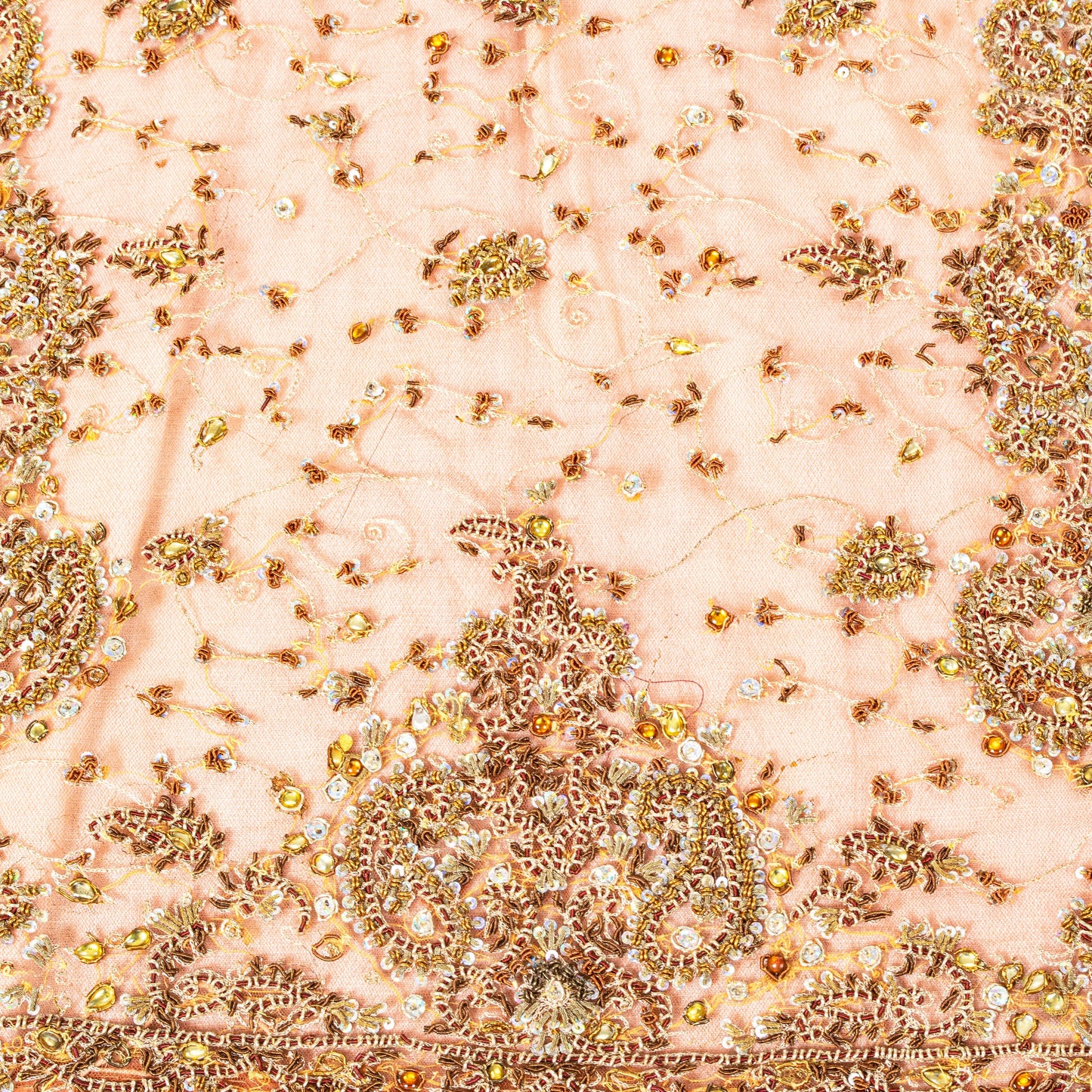 Sanskriti Vintage Peach Net Dupatta/Stole Hand Embroidery Zari Zardozi Neck Veil