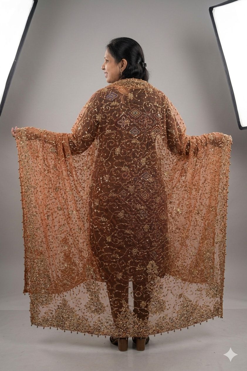 Sanskriti Vintage Peach Net Dupatta/Stole Hand Embroidery Zari Zardozi Neck Veil