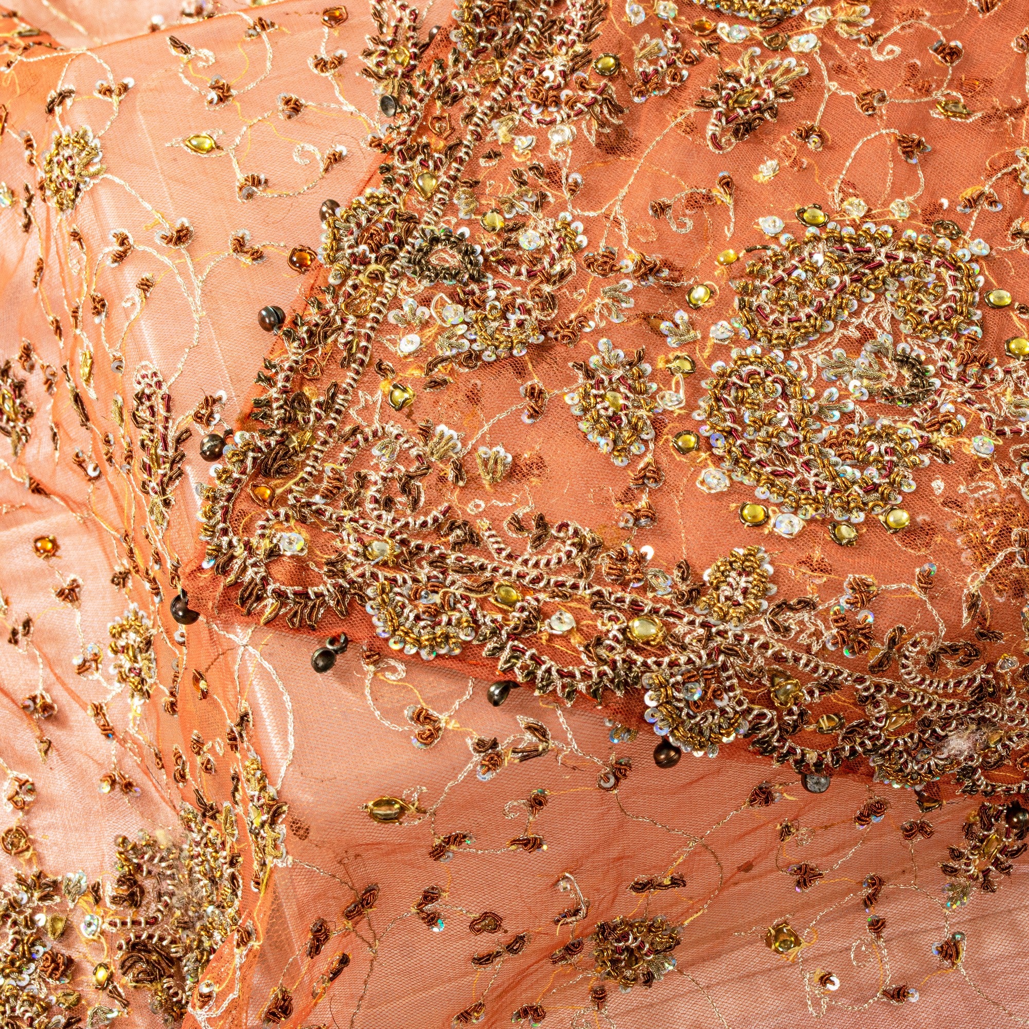 Sanskriti Vintage Peach Net Dupatta/Stole Hand Embroidery Zari Zardozi Neck Veil