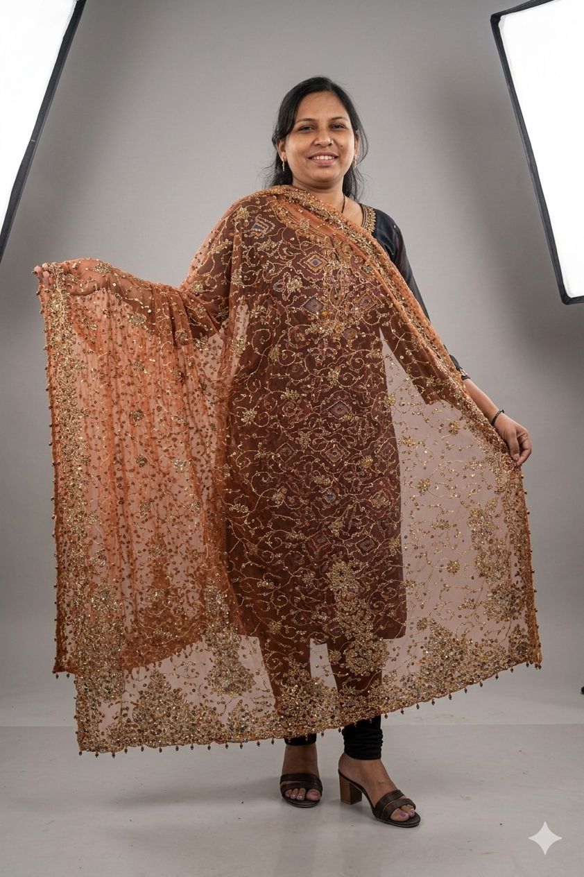 Sanskriti Vintage Peach Net Dupatta/Stole Hand Embroidery Zari Zardozi Neck Veil